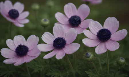 Anemone flowers in the garden, close up, selective focusの素材