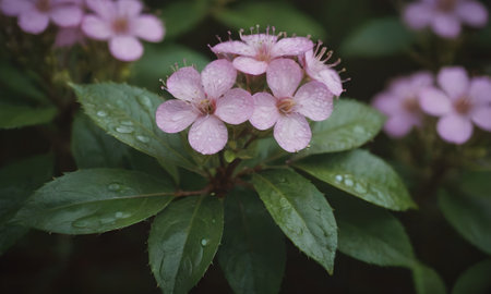 Pink flowers in the garden with raindrops on the petals.の素材