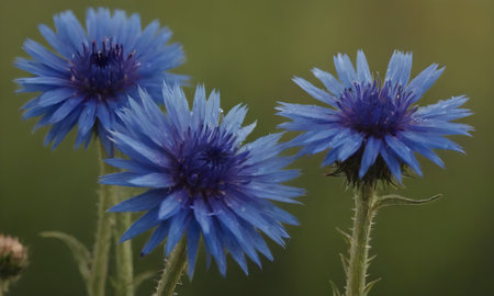Blue cornflowers on a background of green grass. Close-up.の素材