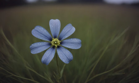 Beautiful blue flower on a background of green grass in the fieldの素材