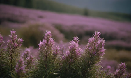 Beautiful pink flowers in the lavender field. Selective focus.の素材