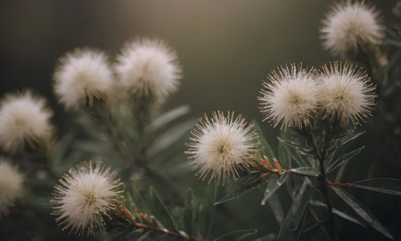 Close up of white fluffy mimosa flowers. Selective focus.の素材