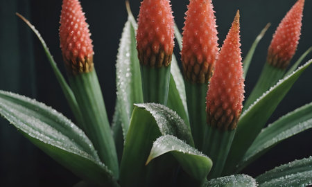Close up of aloe vera flowers with water droplets.の素材