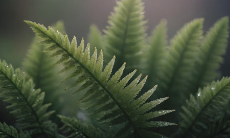 Green fern leaves in the morning light. Natural green background.の素材