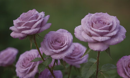 Purple roses with water droplets on the petals in the gardenの素材