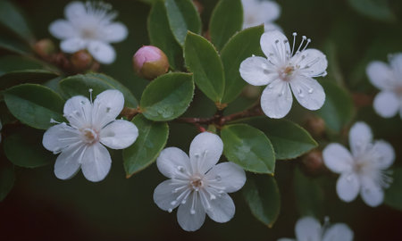 Flowering bush with white flowers on a background of green leavesの素材