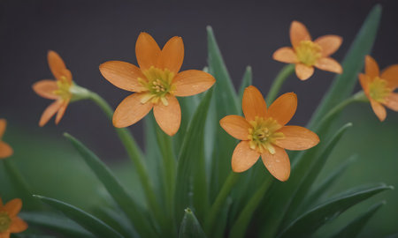 Close up of small orange flowers with green leaves in the background.の素材