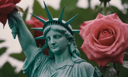 Statue of liberty in New York City, USA. The statue is surrounded by roses.の素材