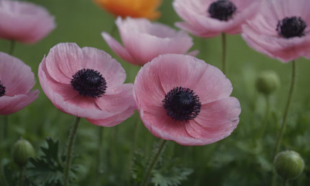 poppy flowers in the garden with shallow depth of field, soft focusの素材