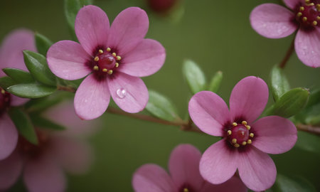Pink flowers with water droplets on the petals and green leavesの素材