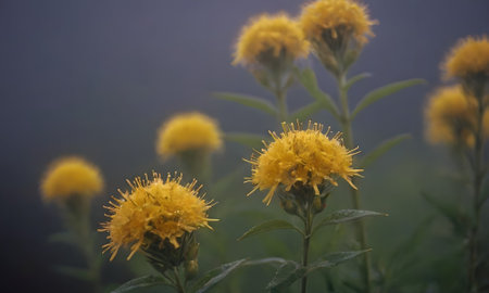 Yellow flowers in the morning fog. Shallow depth of field.の素材