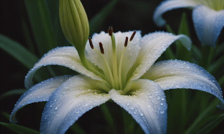 White lily with raindrops on the petals in the gardenの素材