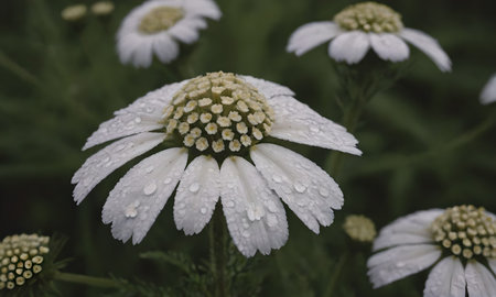 white daisies with raindrops on the petals in the gardenの素材
