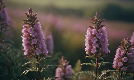 Purple flowers in the field at sunset. Selective focus.の素材