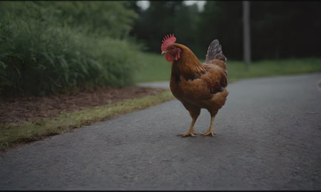 Rooster walking on the road in the countryside. Horizontal.の素材