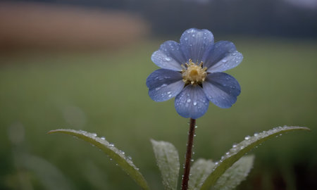 Blue flower on a meadow with dew drops in the morningの写真素材