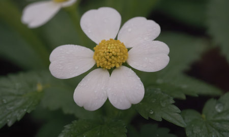 White flower of strawberry with water droplets on its petals.の写真素材