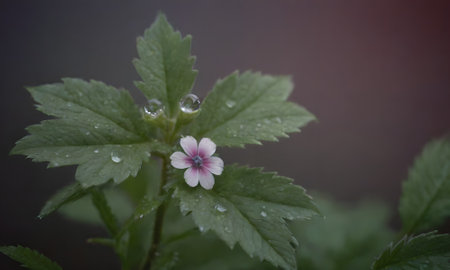 Water droplets on a small pink flower with green leaves and a dark backgroundの写真素材