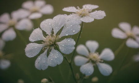Beautiful wildflowers with dew drops on green background.の写真素材
