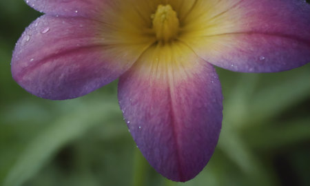 Raindrops on the petals of a purple and yellow flower.の写真素材