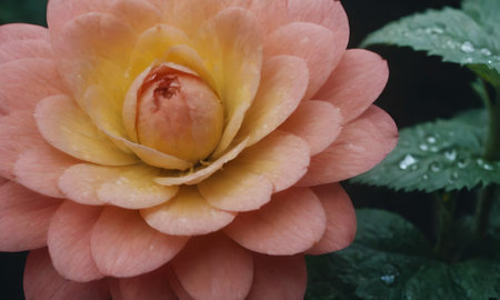 Close-up of a pink rose with water drops on petalsの写真素材