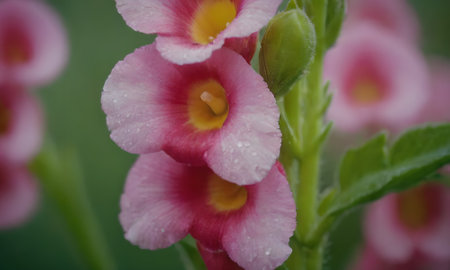 Close up of pink flowers with water droplets on petals.の写真素材
