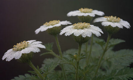 White flowers with raindrops on a dark background. Shallow depth of fieldの写真素材