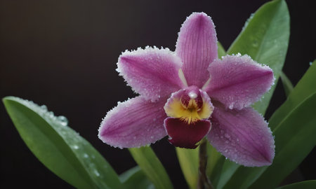Purple orchid with water droplets on the petals.の写真素材