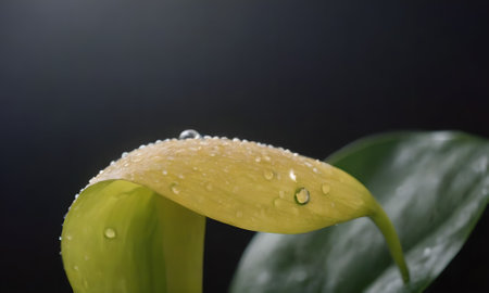 Water drops on a yellow flower with green leaves on a black backgroundの写真素材
