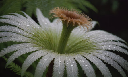close up of a fern with dew drops in the rainの写真素材
