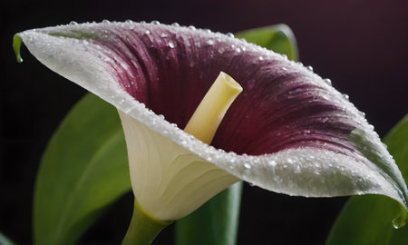close up of calla lily flower with water drops on petalsの写真素材