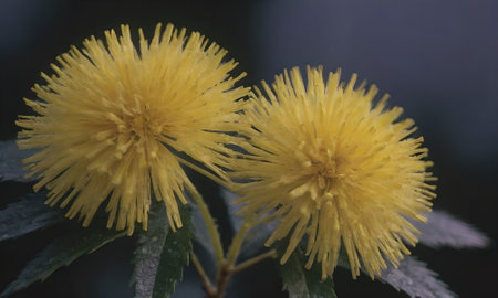 Yellow mimosa flowers on a dark background close-up macro photographyの写真素材