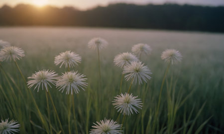 Beautiful white daisies in the field at sunset. Nature backgroundの写真素材