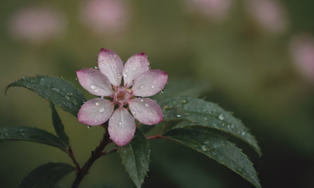Pink flower with rain drops on a green background, close-upの写真素材