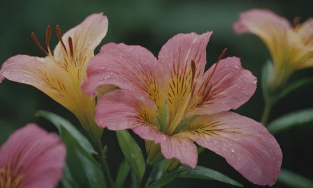 Beautiful pink lily flowers with raindrops on the petalsの写真素材