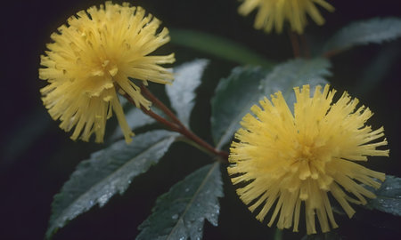 Close up of yellow mimosa flowers with water drops after rain.の写真素材