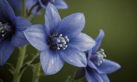 Blue flowers on a green background. Shallow depth of field.の写真素材