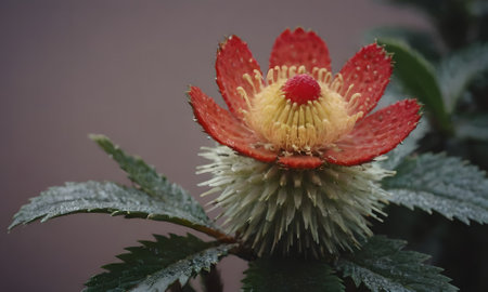 Close up of a red flower with green leaves in the background.