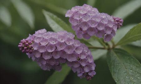 Purple hydrangea flower with dew drops, close upの写真素材