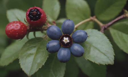 Blueberries and red berries on a bush with green leaves in summerの写真素材