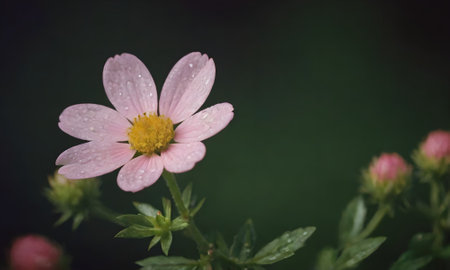 Cosmos flower with water drops on the petals and green backgroundの写真素材