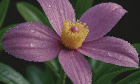 Purple flower with raindrops on the petals and green leavesの写真素材