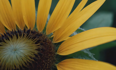 Close up of a sunflower with yellow petals and green leavesの写真素材