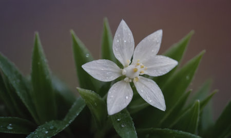 White flower with water droplets on the petals and green leavesの写真素材