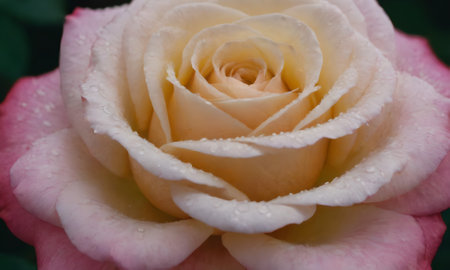 Pink and white rose with water drops on petals close up.の写真素材