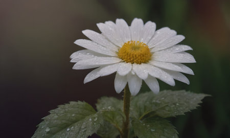 White daisy flower with rain drops on petals and green leavesの写真素材