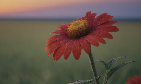 Beautiful red flower on the background of a field at sunset.の写真素材