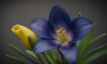Blue crocus and yellow freesia close up on dark backgroundの写真素材