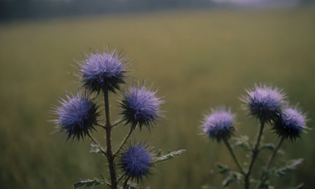 Purple thistles in a field in the early morning sunlightの写真素材
