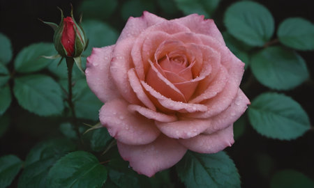 Pink rose with water droplets on the petals after rain.の写真素材